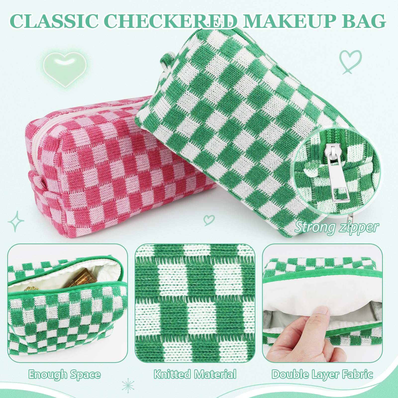 58 Pcs Checkered Makeup Bag Set Preppy Aesthetic Portable Cosmetic Bag Travel Makeup Pouch 7 Pcs Heishi Surfer Bracelets with 50