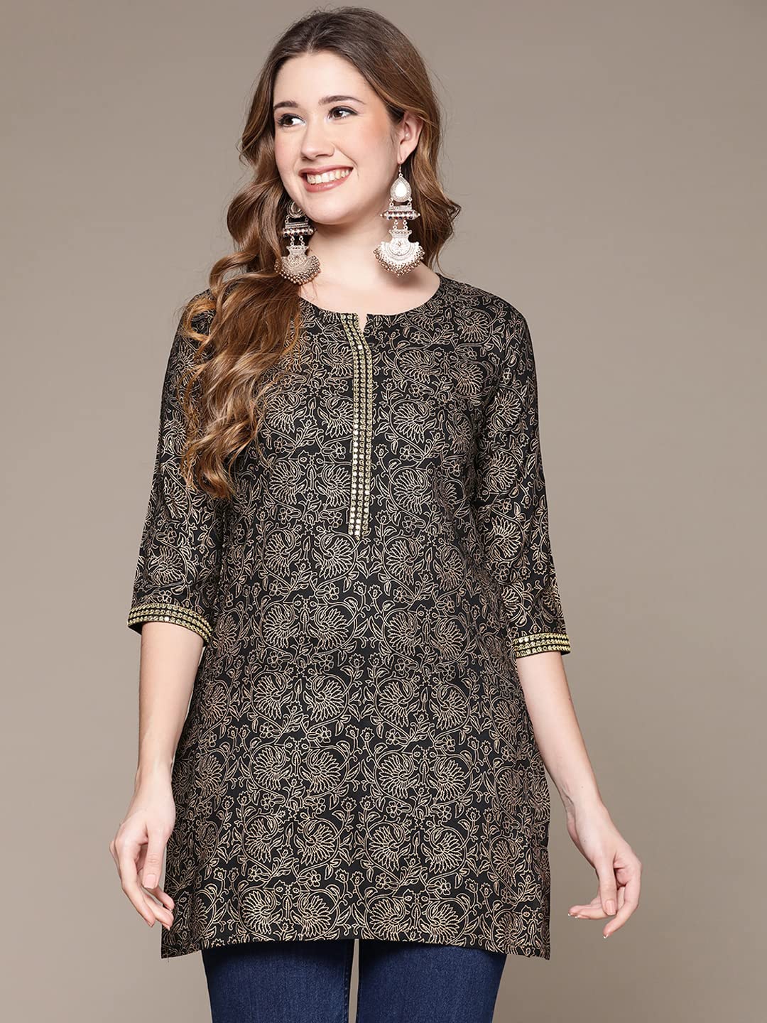Anubhutee Black Ethnic Printed Straight Short Cotton Kurti For Women