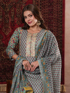 ANNI DESIGNER Ladies Cotton Blend Straight Print Cropped Trousers and Dupatta Kurta, green, M