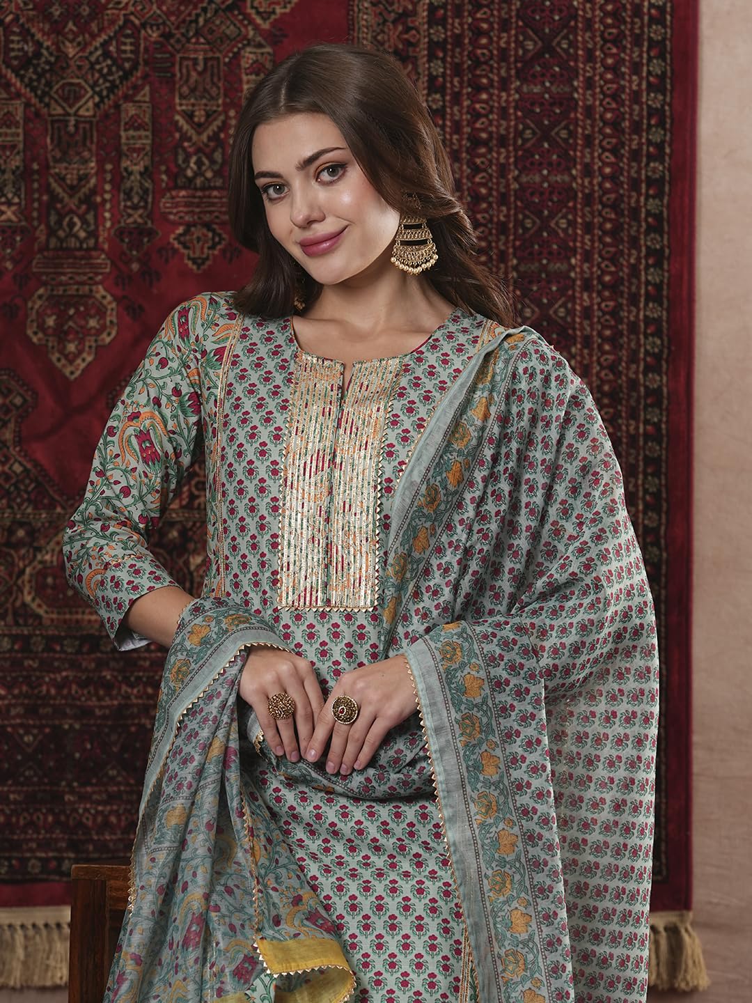 ANNI DESIGNER Ladies Cotton Blend Straight Print Cropped Trousers and Dupatta Kurta, green, M