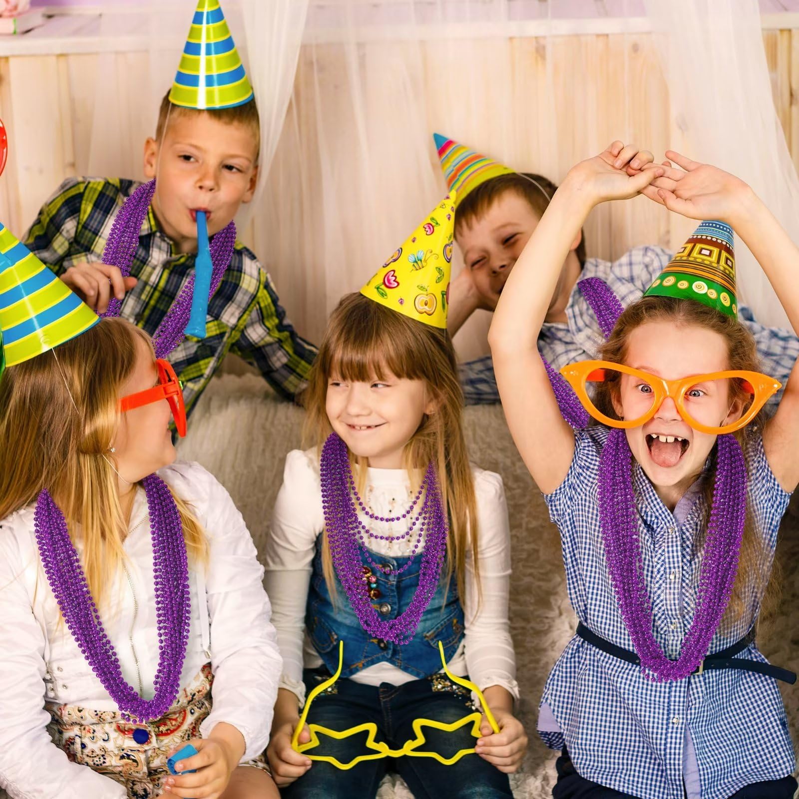 EOBOH Mardi Gras Beads, 12PCS Purple Bead Necklace Party Favors, 33 Bead Necklaces Accessory Set Women Men, Festival Parade Thro