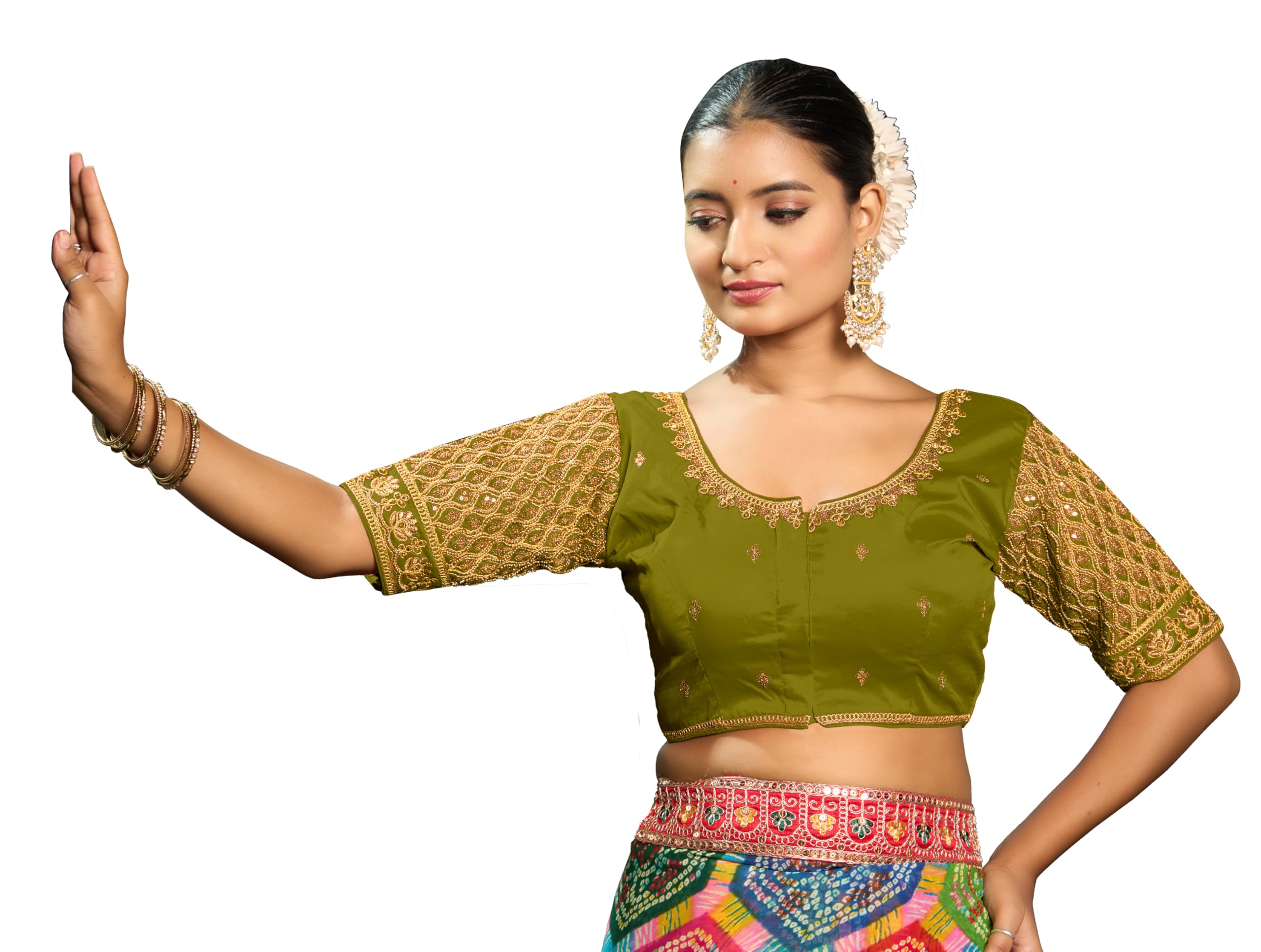 Pujia Mills WomenS Indian Ethnic Wear Designer Maggam With Zari Embroidery With Sequence Work Round Neck Half Sleeve Readymade 