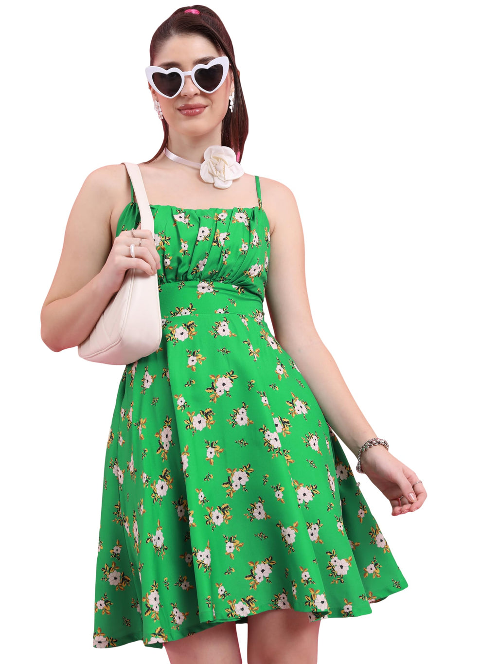 Ketch WomenS Polyester Fit And Flare Mini Dress (Khj6000483_Green/White/Multi