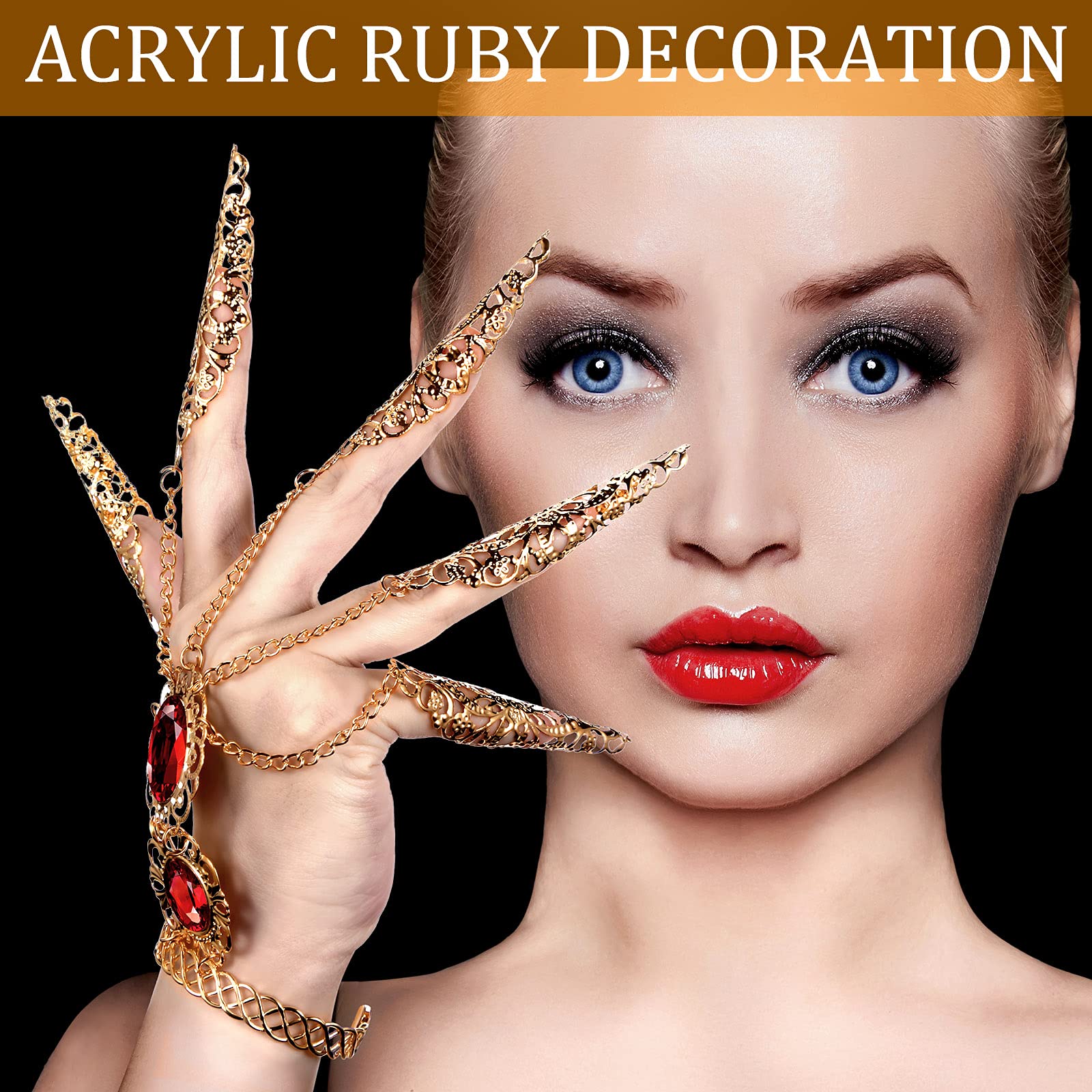 Maitys 2 Pcs Gold Bracelets Inlaid with Acrylic Women Belly Dance Gypsy Egyptian Bracelet with Finger Nails Halloween Costume (R