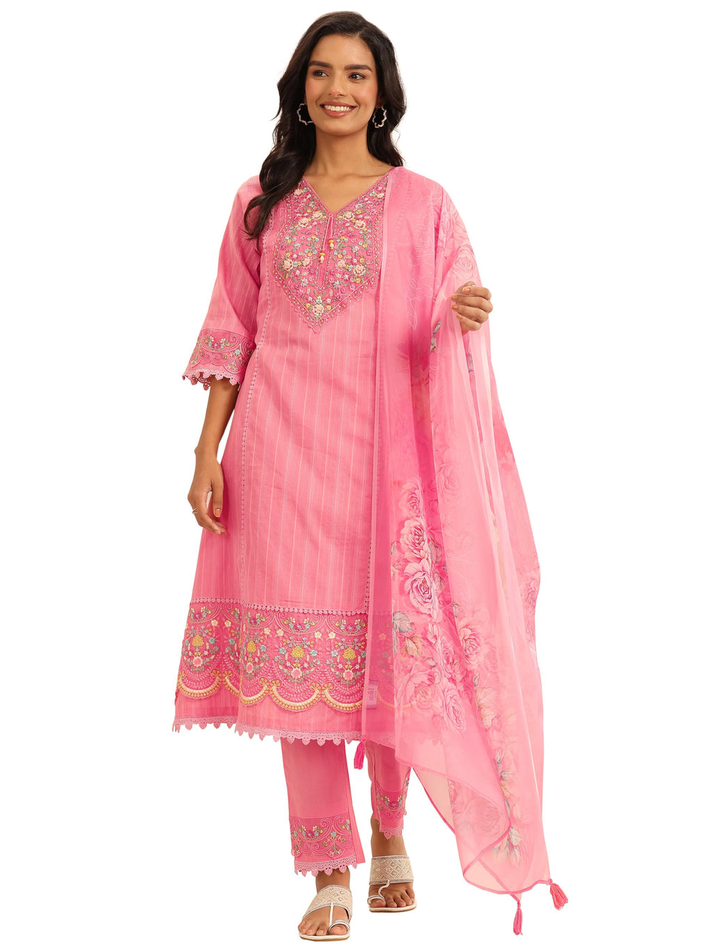 Libas Womens Embroidered Cotton Blend A-Line Kurta With Trousers And Dupatta