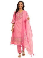 Libas Womens Embroidered Cotton Blend A-Line Kurta With Trousers And Dupatta