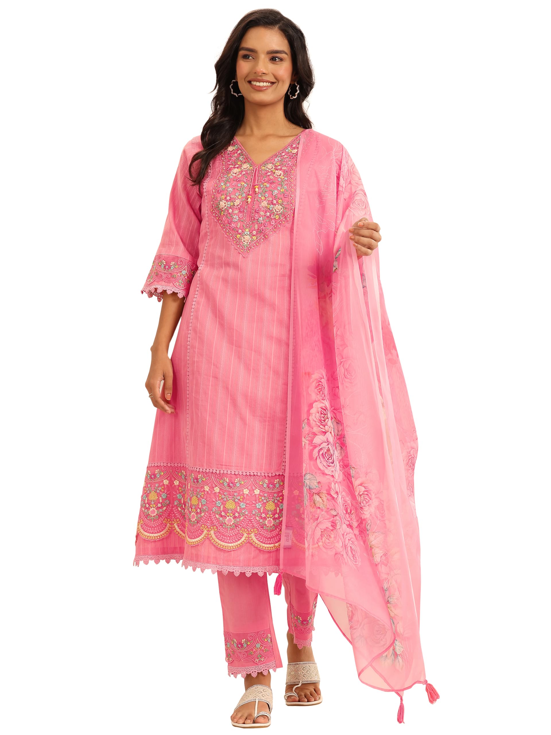 Libas Womens Embroidered Cotton Blend A-Line Kurta With Trousers And Dupatta
