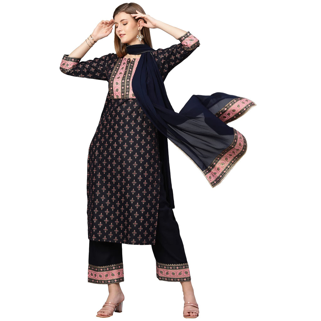 ANNI DESIGNER Women's Cotton Blend Straight Kurta with Palazzo & Dupatta (Deep Black_XXL_Black_XX-Large)
