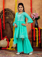 Aarika Girls Ethnic Wear Sea Green Colour Sequins Embroidery Georgette Kurti Sharara Set (5-11 Years)