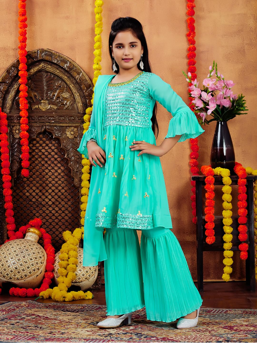 Aarika Girls Ethnic Wear Sea Green Colour Sequins Embroidery Georgette Kurti Sharara Set (5-11 Years)