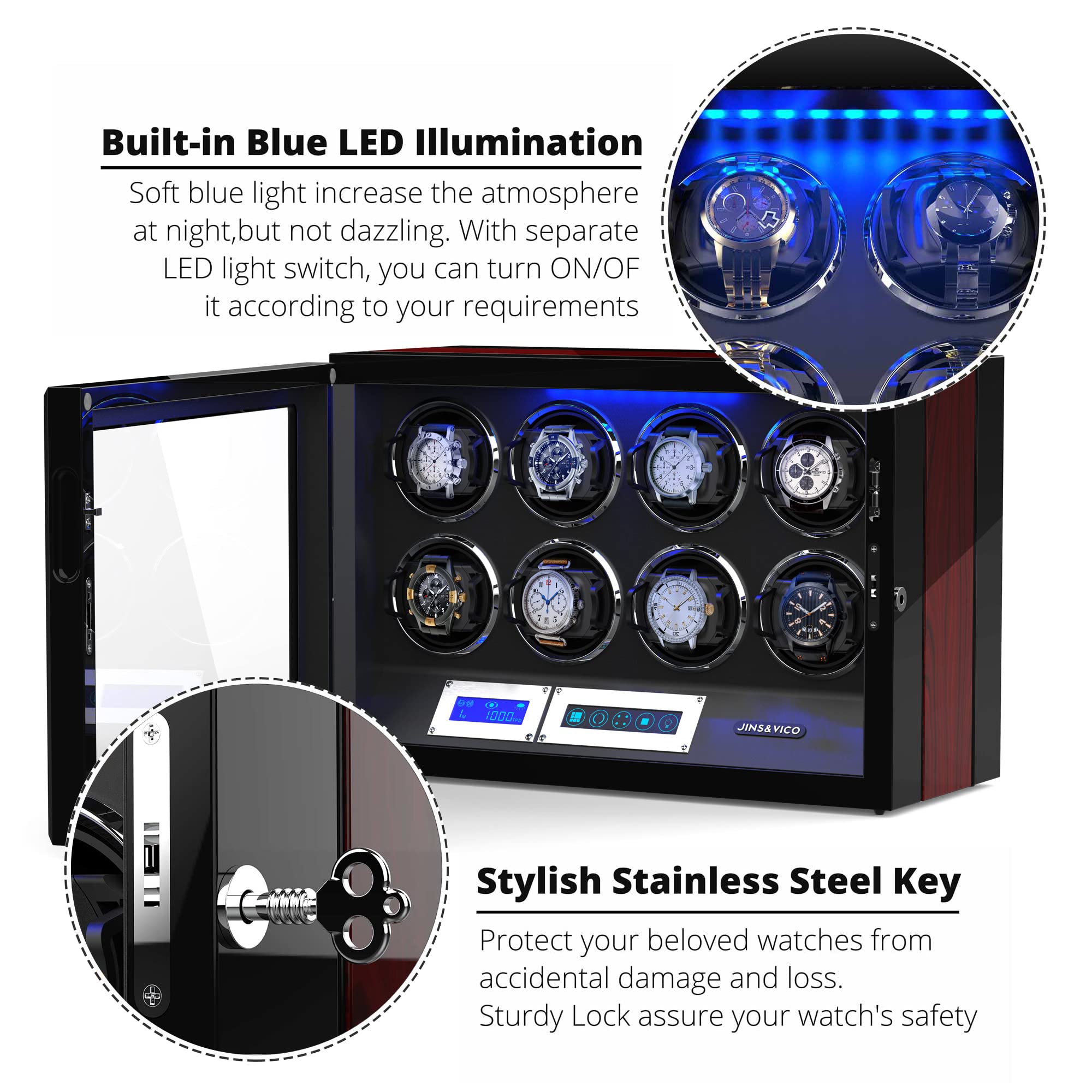 Watch Winder, Wooden Finish with Adjustable [Upgraded] Watch Pillows, 8 Winding Spaces Watch Winders for Automatic Watches, Buil