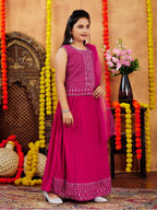 Aarika Girls Ethnic Wear Rani Colour Mirror Embroidery Georgette Lehenga Choli Set (10-15 Years)