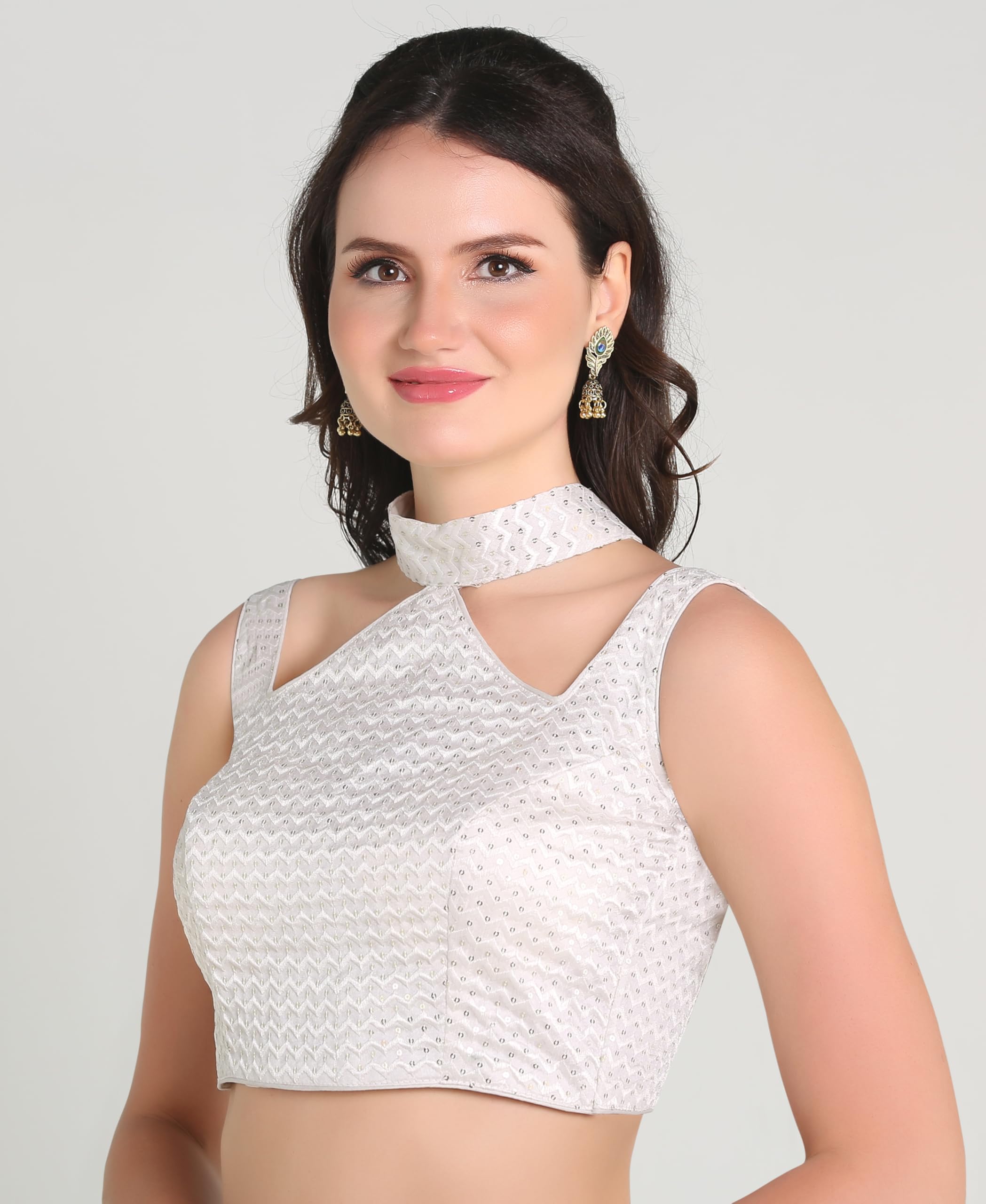 Pujia Mills WomanS Readymade Sleeveless White Blouse Halter Neck With String Pattern Backless Ethnic Wear Pattern Choli Blouse