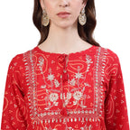 Ishin Women'S Pure Cotton Embroidered Gotta Patti Red Bandhani Print Straight Kurta Suit Set With Dupatta & Sharara