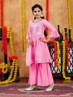 Aarika Girls Ethnic Wear Gajri Colour Sequins Embroidery Georgette Kurti Sharara Set (5-11 Years)
