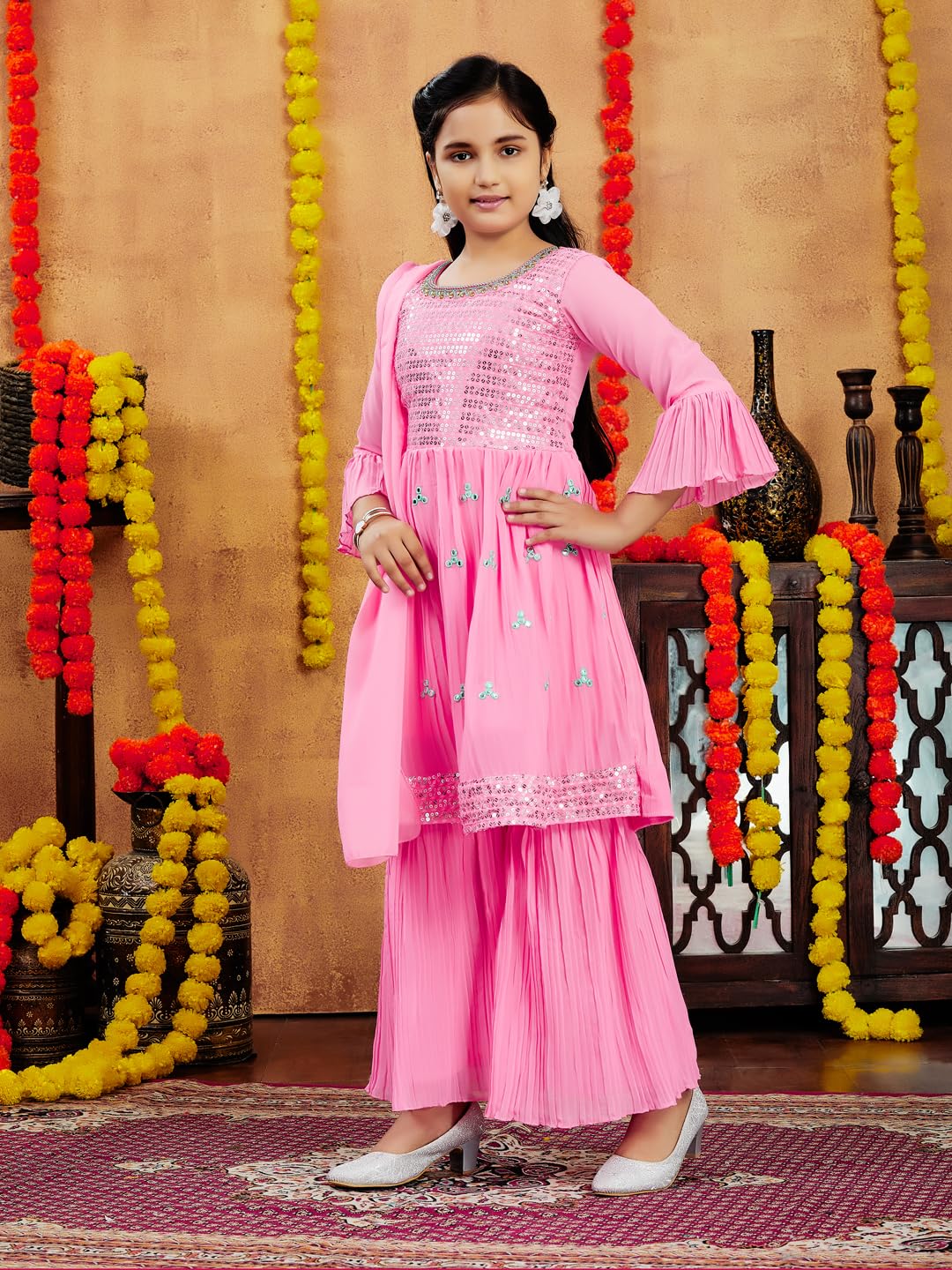 Aarika Girls Ethnic Wear Gajri Colour Sequins Embroidery Georgette Kurti Sharara Set (5-11 Years)