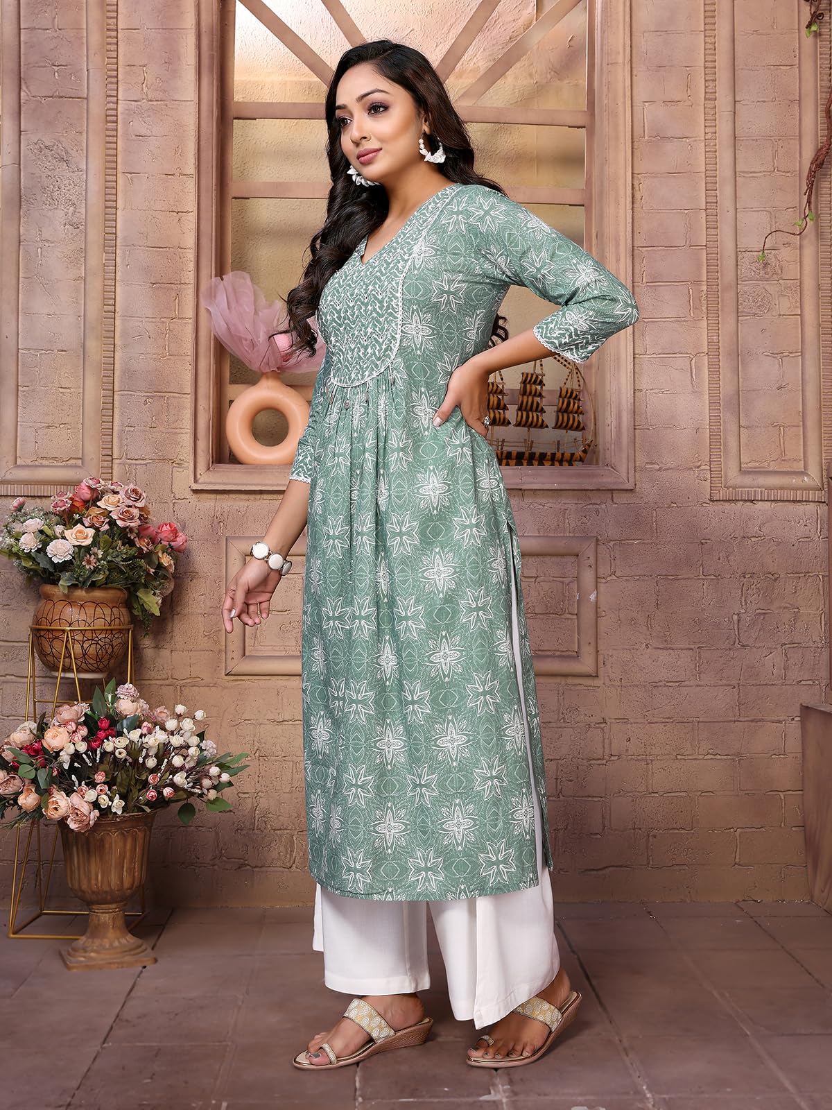 rangita Cotton Calf Length Embroidered A-Line Kurti