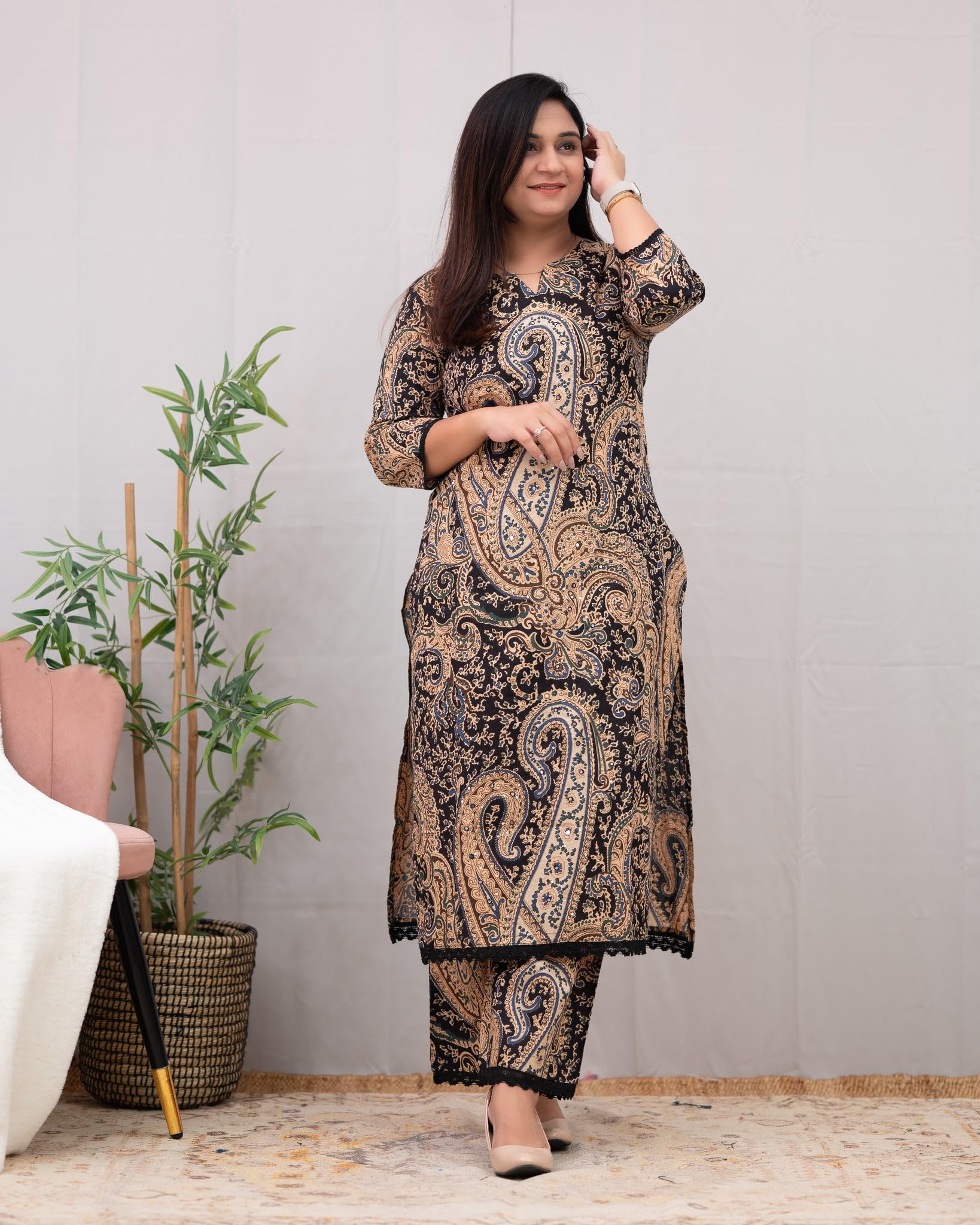 ANNI DESIGNER Palazzo women s viscose rayon printed straight kurta, Black, 44