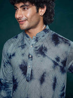 Vardha MenS Viscose Sequence Stitched Kurta, Flowy Blue Pattern Shibori Dyed Ethnic Kurtas For Men, Mandarin Collar, Pearl Butt