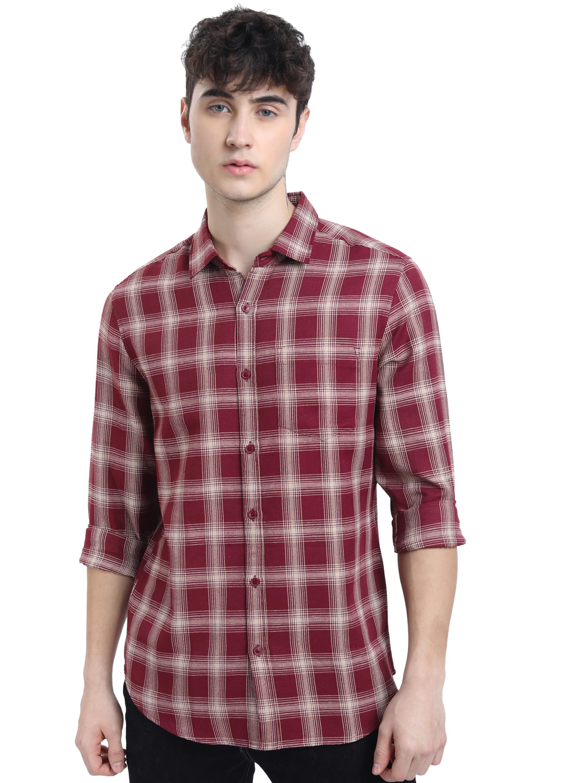 Ketch Poly Cotton MenS Checkered Slim Fit Shirt (Khsh000550_Maroon/Beige M)