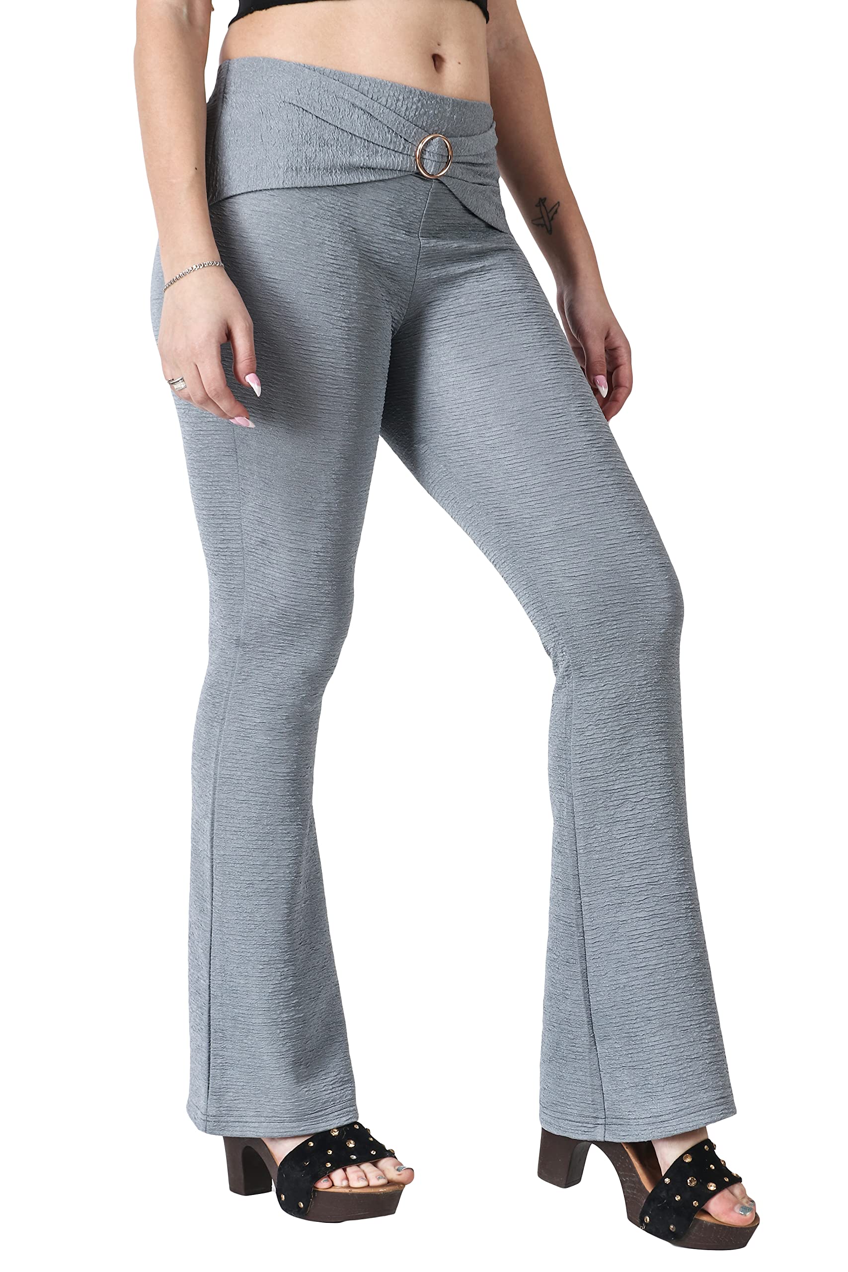 POPWINGS Solid Full-Length Polyester Regular-Fit Casual Bootcut Trouser Pants for Women for Casual Wear Grey