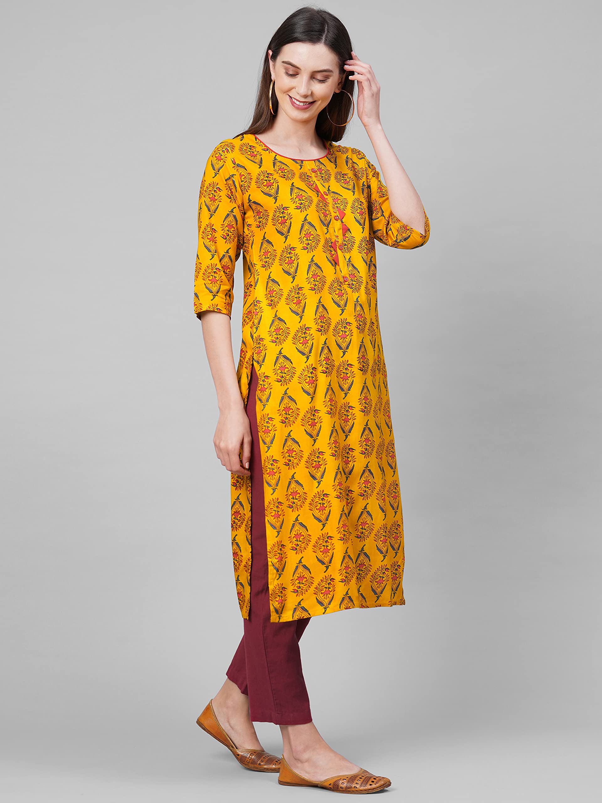 ANNI DESIGNER Womens Rayon Straight Printed Kurta (AUMZ Yellow_XXL-Yellow_XX-Large)