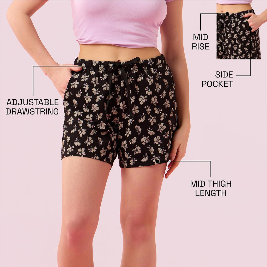Enamor Womens Boxer Shorts (E062_Black Poppy PRT
