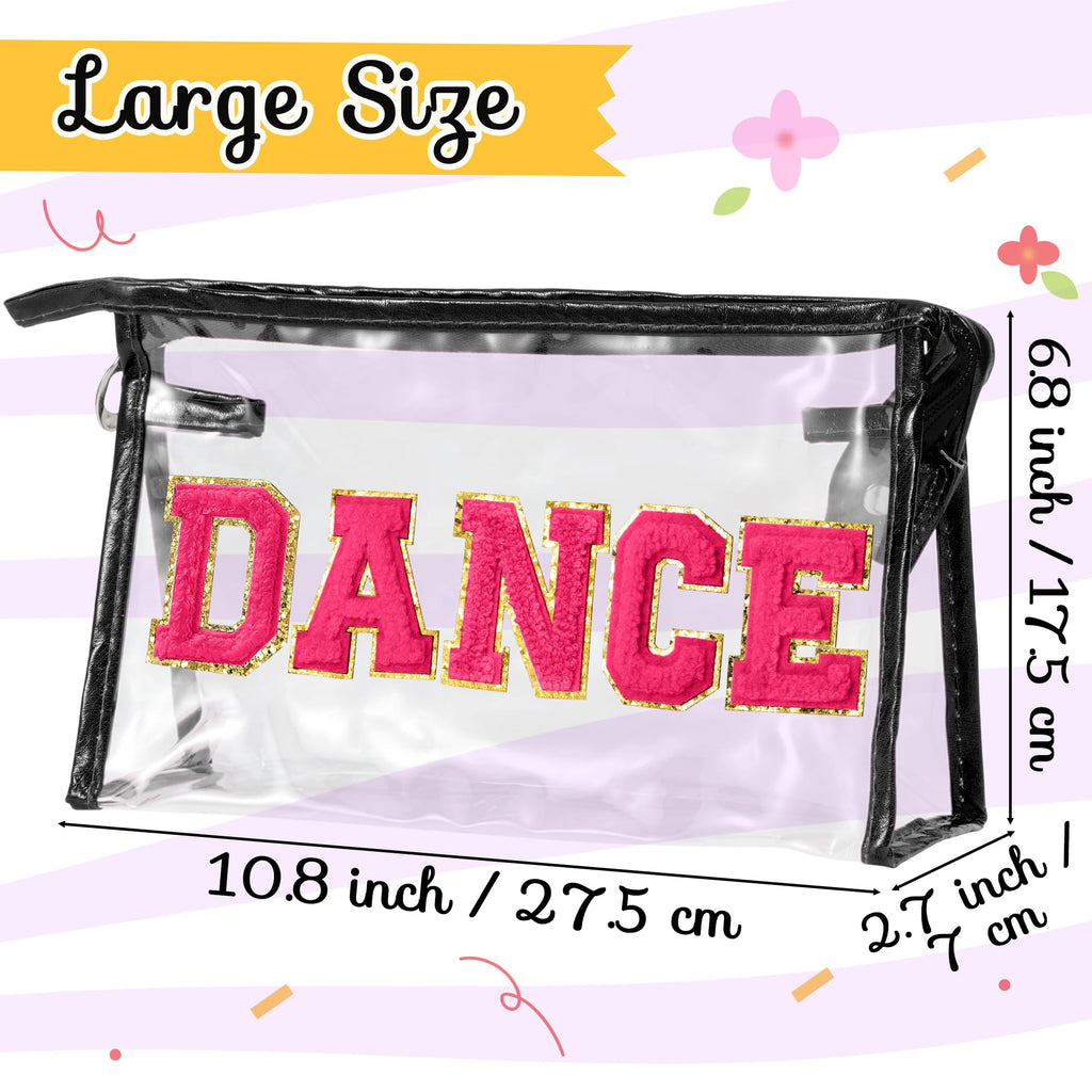 Y1tvei DANCE Clear Makeup Bag - Preppy Hot Pink Dance Chenille Patch Cosmetic Pouch Dancer Recital Survival Kit Extra Large PVC
