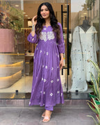 ANNI DESIGNER Women s Anarkali Printed Rayon Blend Kurta with Pants, purple, S