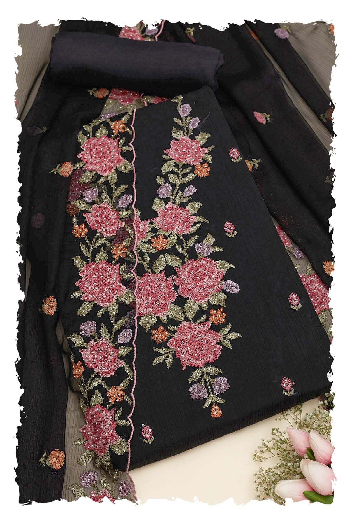 Soch Women Crinkle Chiffon Floral Print Unstitched Dress Material with Work