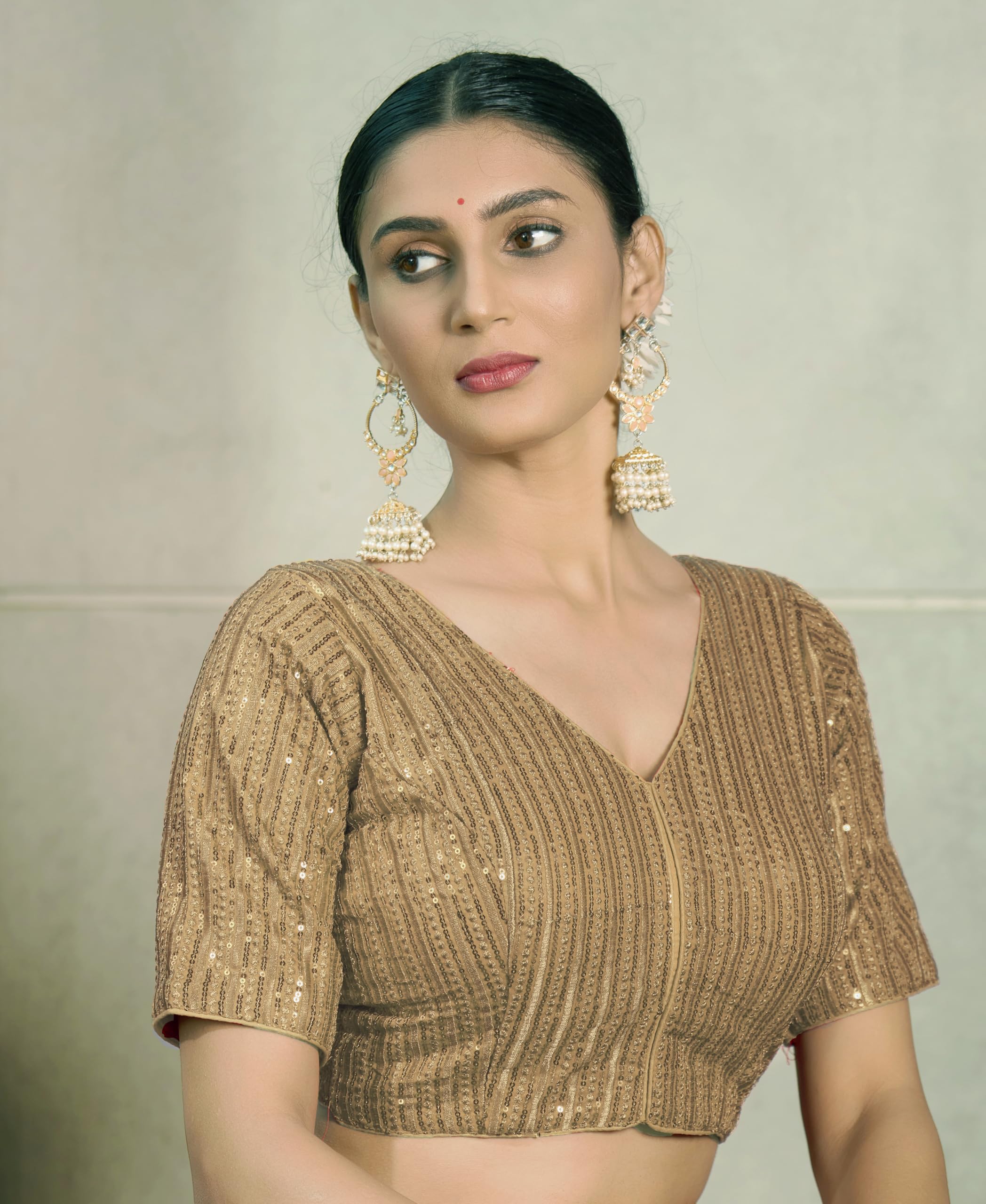 Pujia Mills Womens Indian Ethnic Wear Designer Silver Sequence with Matching Embroidered Work Deep V Neck Half Sleeve Readymade