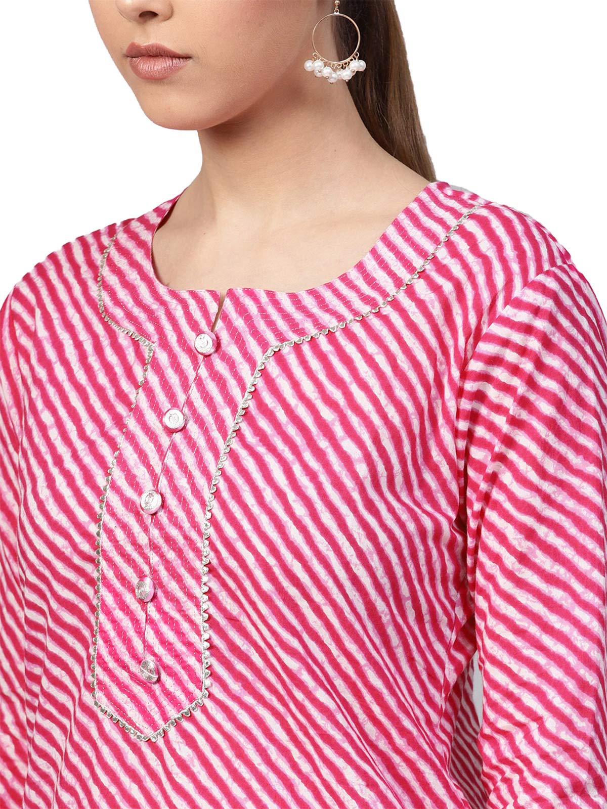 Ishin Women'S Cotton Blend A-Line Printed Gotta Patti Striped Print Pink Kurta Suit Set With Sharara