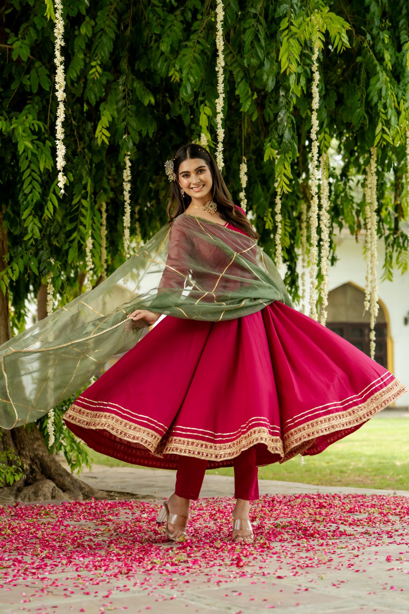 ANNI DESIGNER Womens Rayon Blend Solid Anarkali Kurta with Pant & Dupatta (SAMDA Rani_XL_Pink_X-Large)