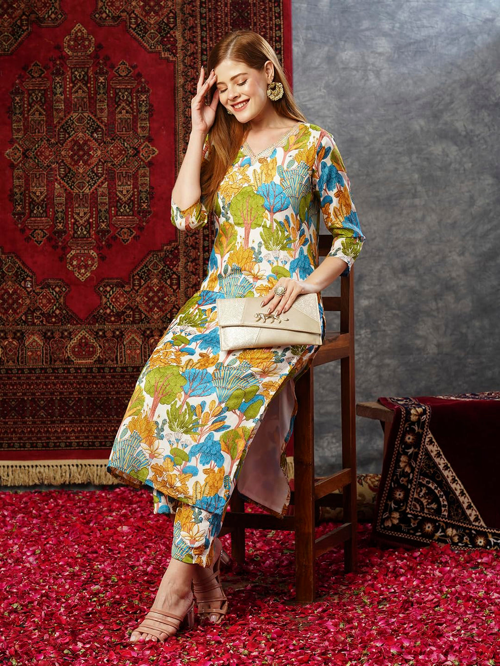 ANNI DESIGNER Ladies Cotton Blend Kurta & Trousers, Blue sky, S