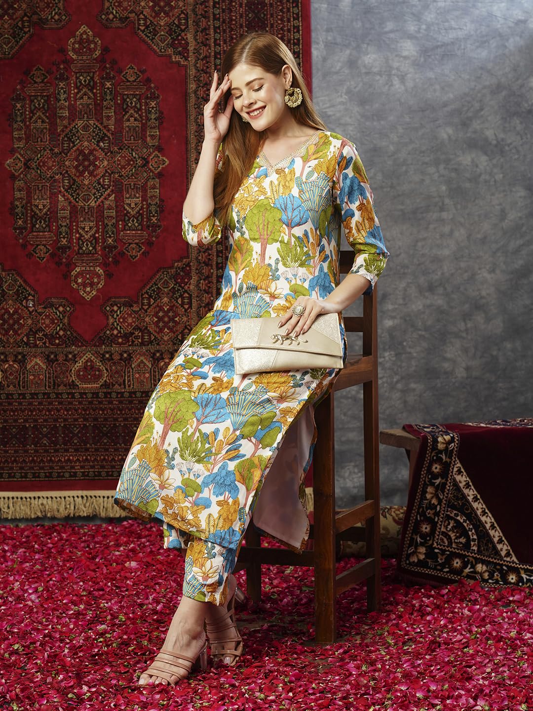 ANNI DESIGNER Ladies Cotton Blend Kurta & Trousers, Blue sky, S