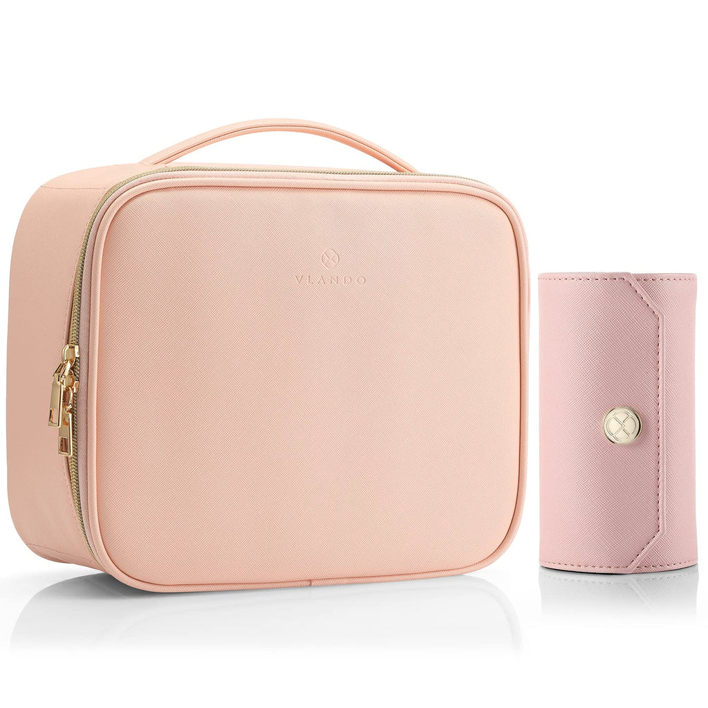 Vlando 1 Set of Makeup Bag and Jewelry Roll Bag,PU Leather Travel Bag Pink