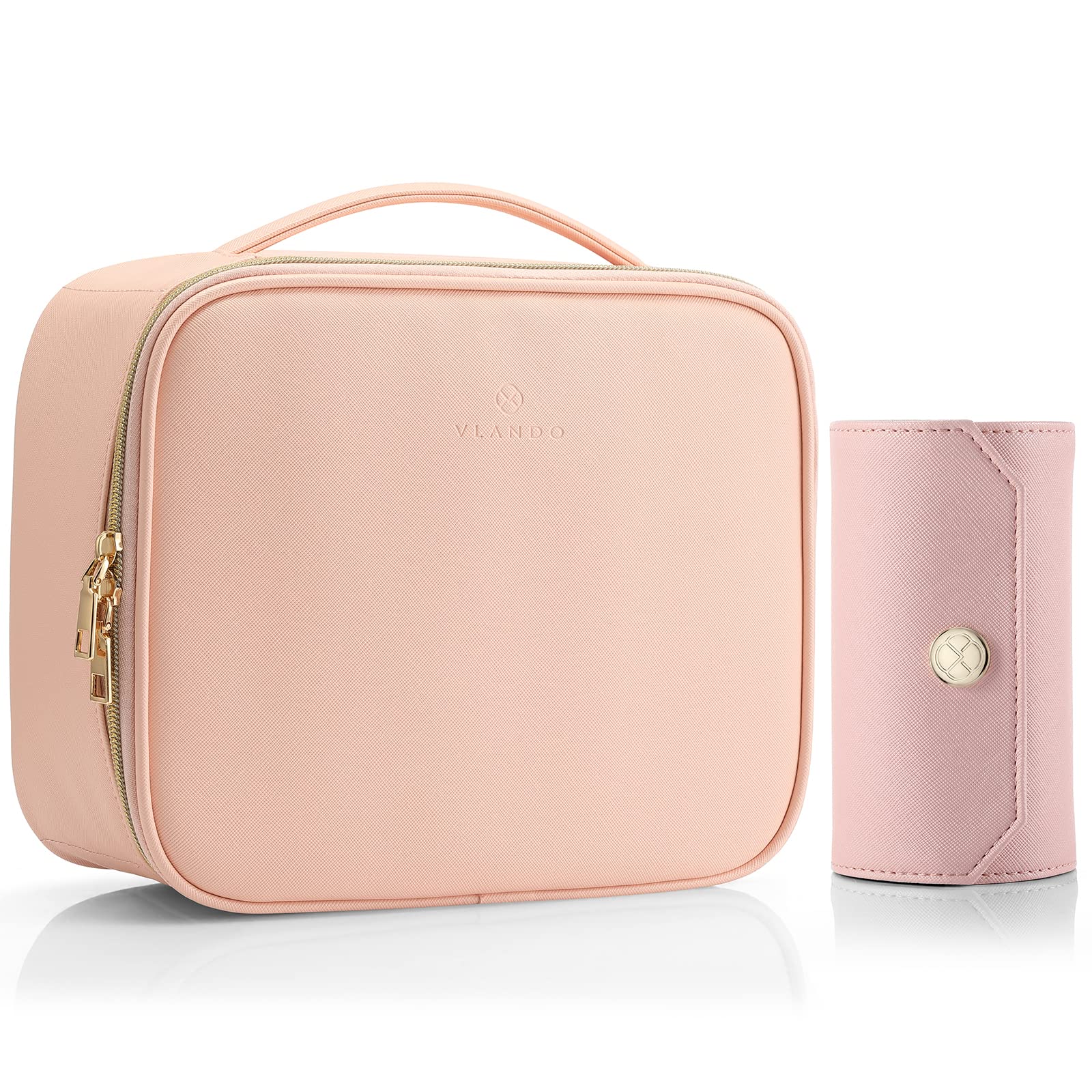 Vlando 1 Set of Makeup Bag and Jewelry Roll Bag,PU Leather Travel Bag Pink