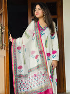 ANNI DESIGNER Women s Rayon Blend Printed Straight Kurta with Pants and Dupatta, white, L