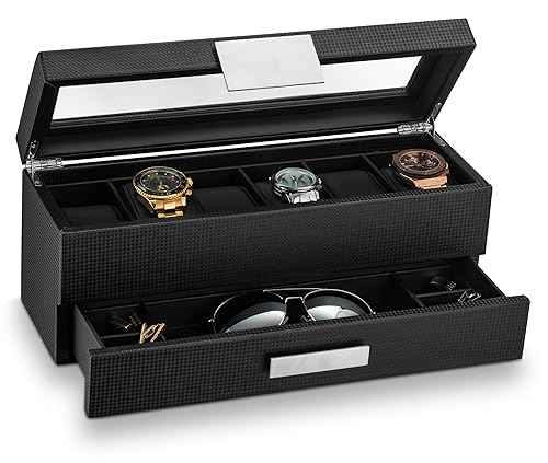 glenor co Watch Box with Valet Drawer for Men - 6 Slot Luxury Watch case Display Organizer, carbon Fiber Design -Metal Buckle fo