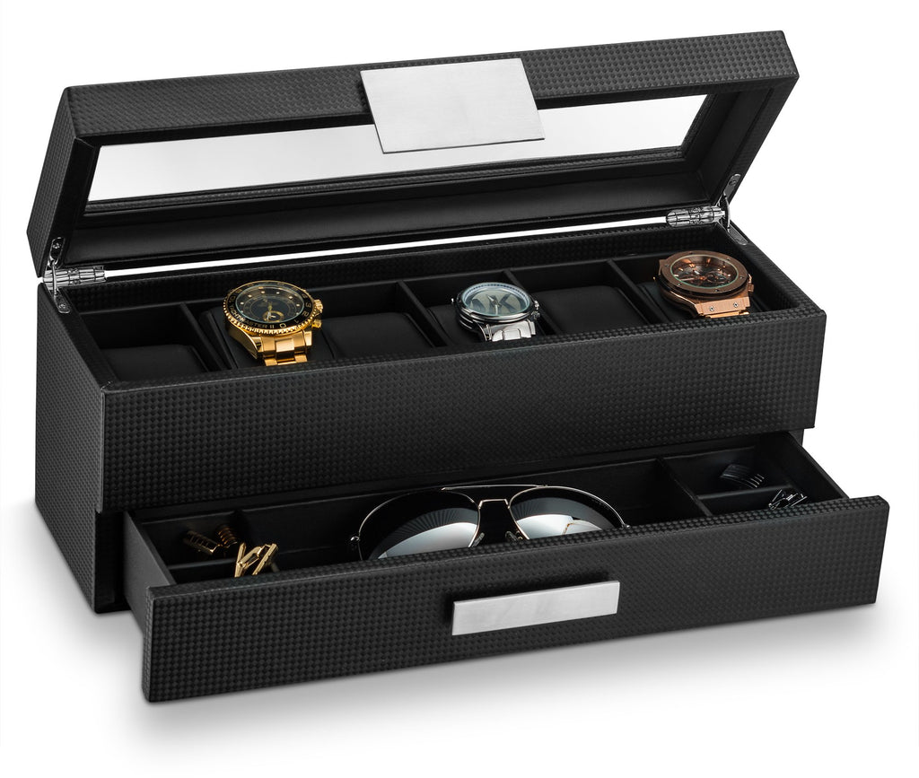glenor co Watch Box with Valet Drawer for Men - 6 Slot Luxury Watch case Display Organizer, carbon Fiber Design -Metal Buckle fo