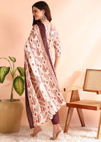 Memore WomenS Poly Rayon Floral Printed Kurta Pant Dupatta Set With V Neck 3/4 Sleeves Straight Calf Length And Soild Bottom El