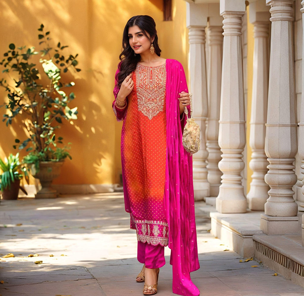 Anni Designer Women'S Rayon Viscose Straight Bandhani Embroidered Kurta With Pant & Dupatta