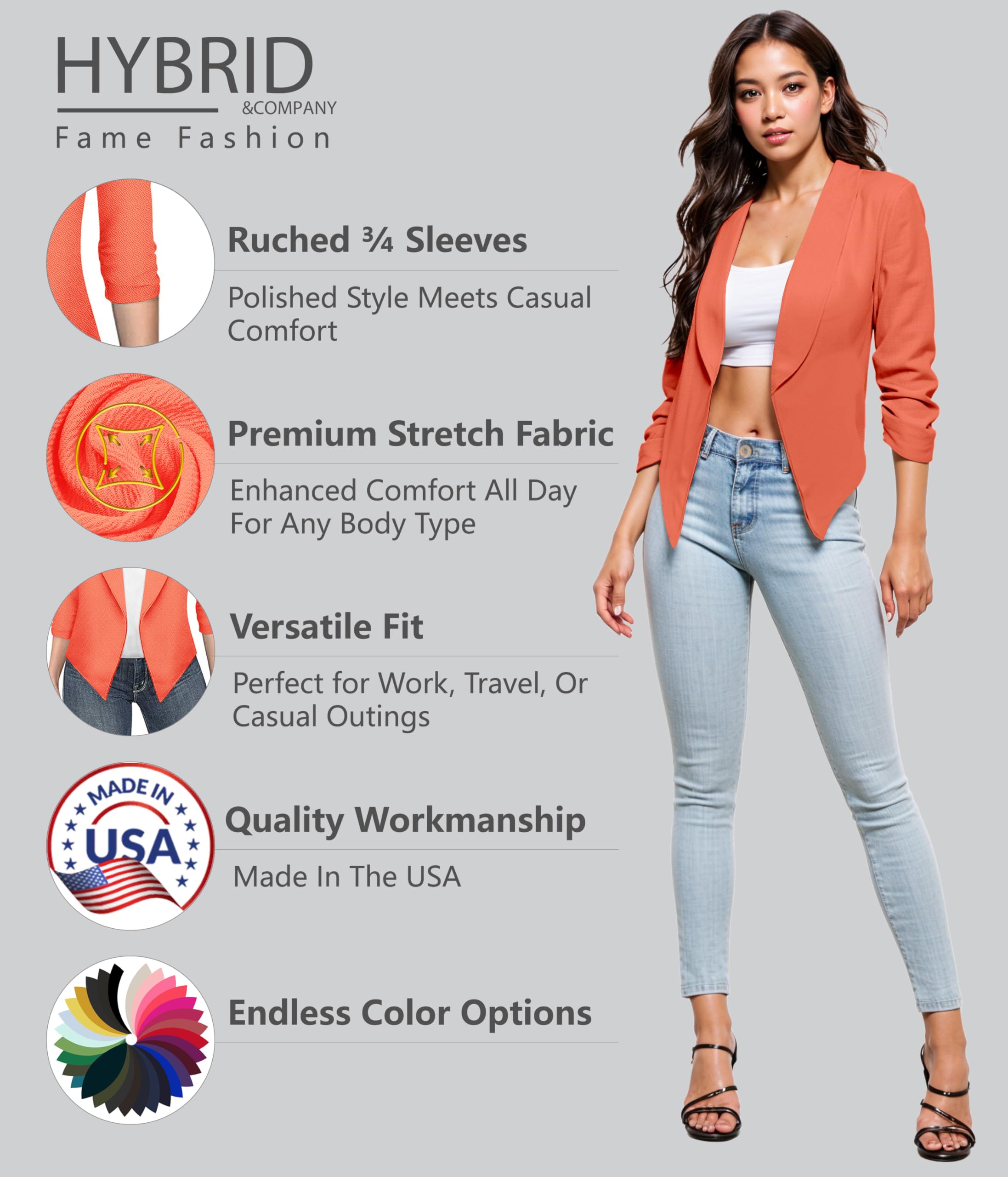 Womens casual Work Office Open Front Blazer Jacket with Removable Shoulder Pads JK1133X NEON coral 1X