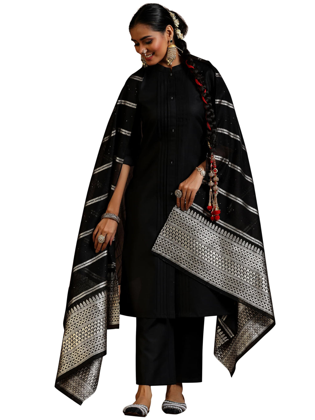 Libas Womens Silk Blend Kurta Set (39047_Black