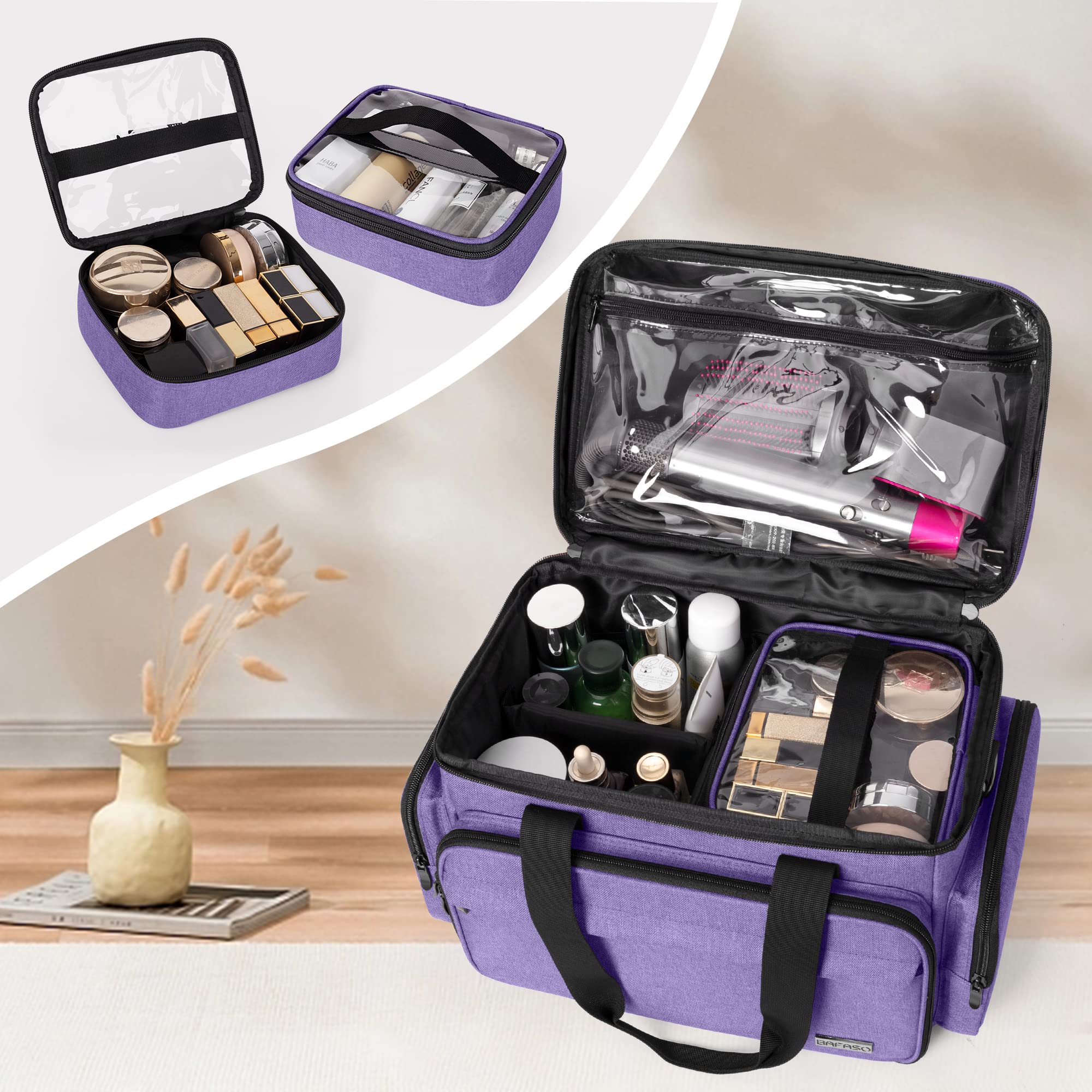 BAFASO Large Makeup Bag with 2 Removable Pouches and Detachable Dividers, Multifunctional Cosmetic Bag to Keep Makeup and Hair S