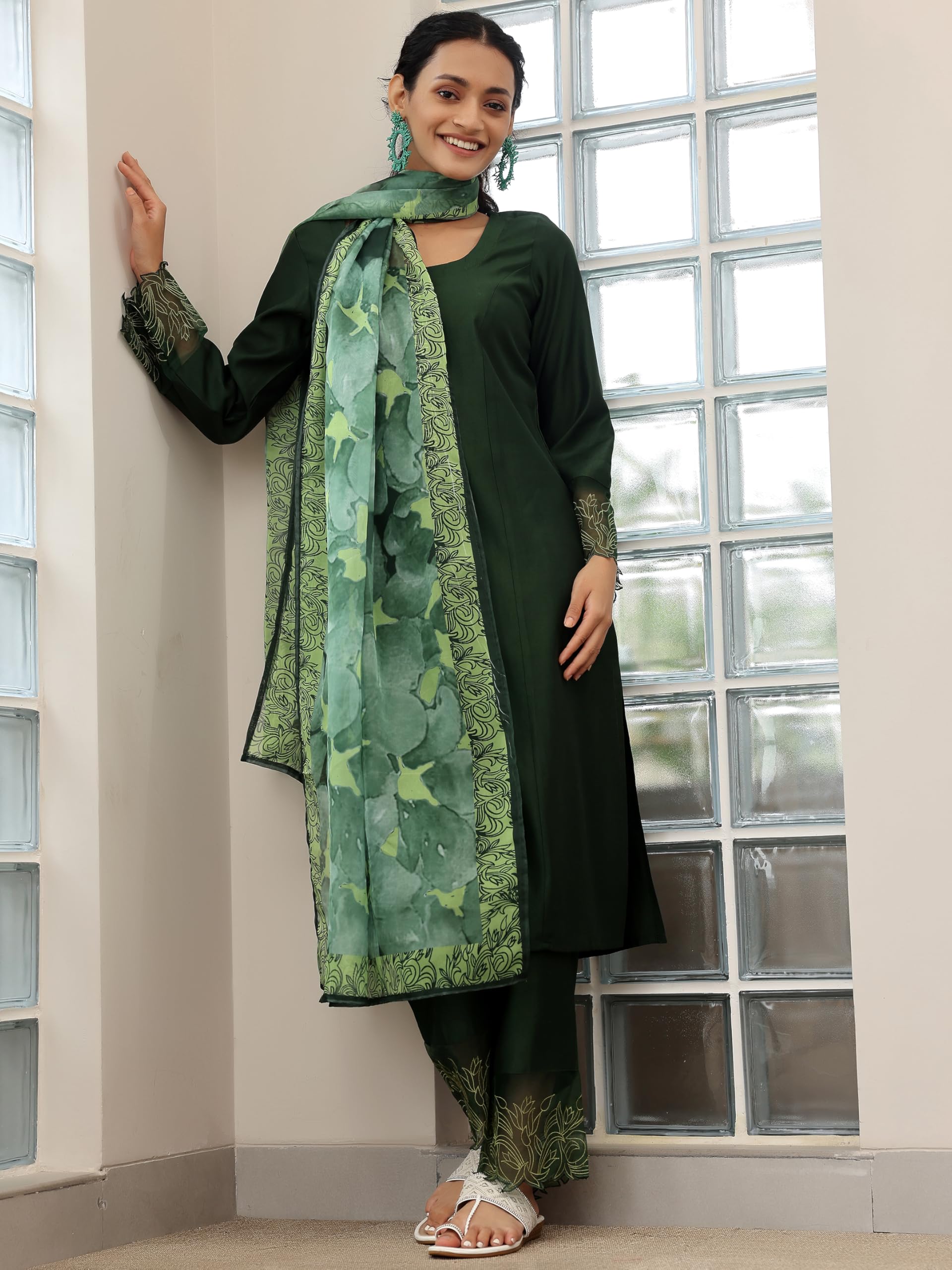 Libas Womens Embellished Silk Blend Straight Kurta With Trousers And Dupatta