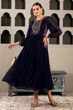 W Blue Floral Printed Synthetic Maxi Dress With Sequins For Women