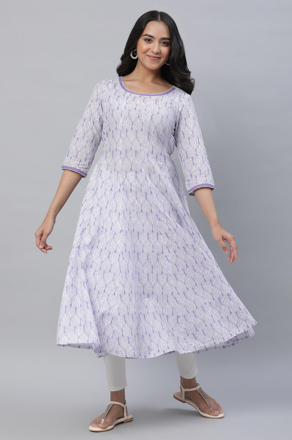 Aurelia Purple Leaf Print Cotton Anarkali Kurta For Women