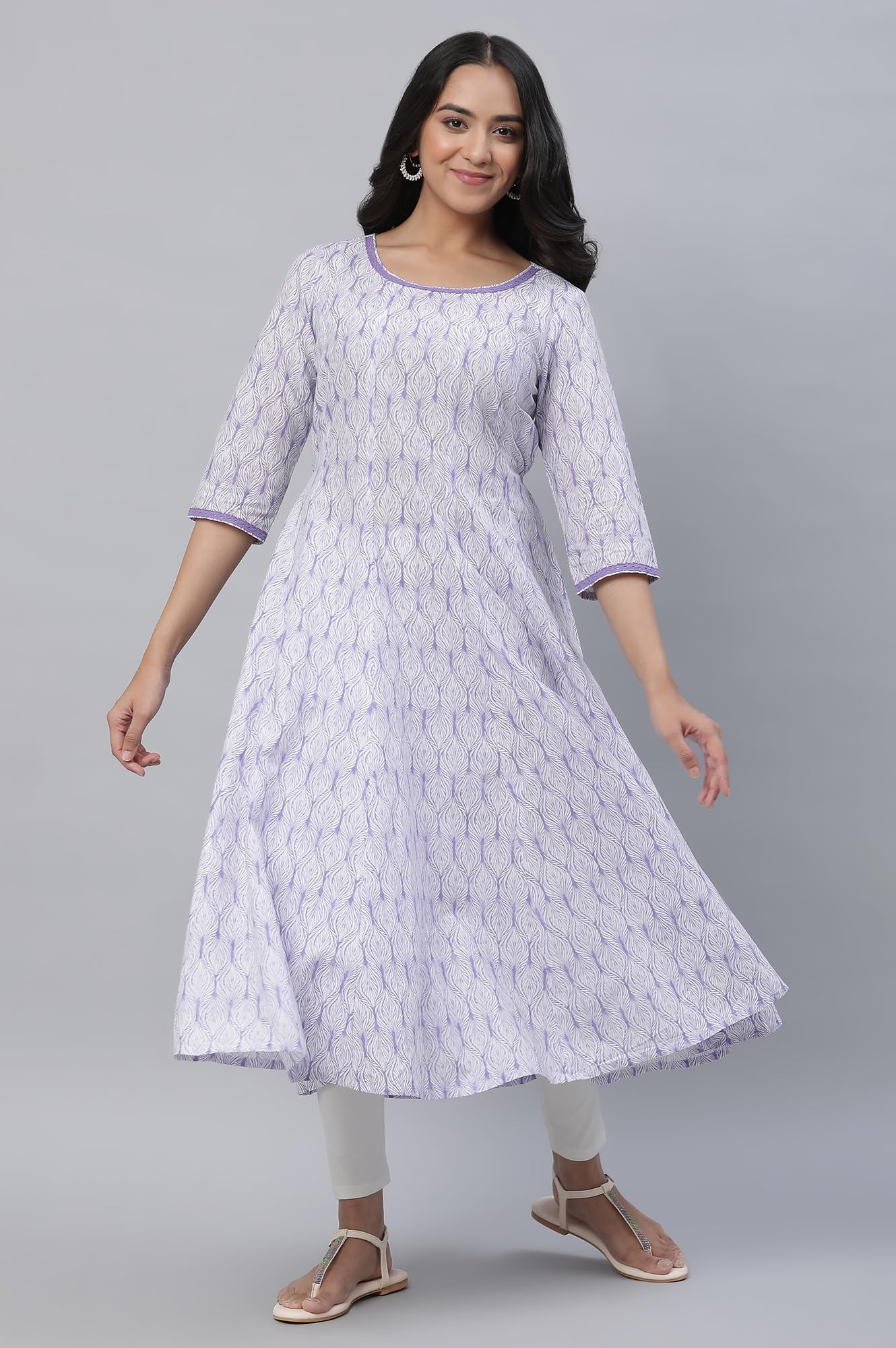 Aurelia Purple Leaf Print Cotton Anarkali Kurta For Women