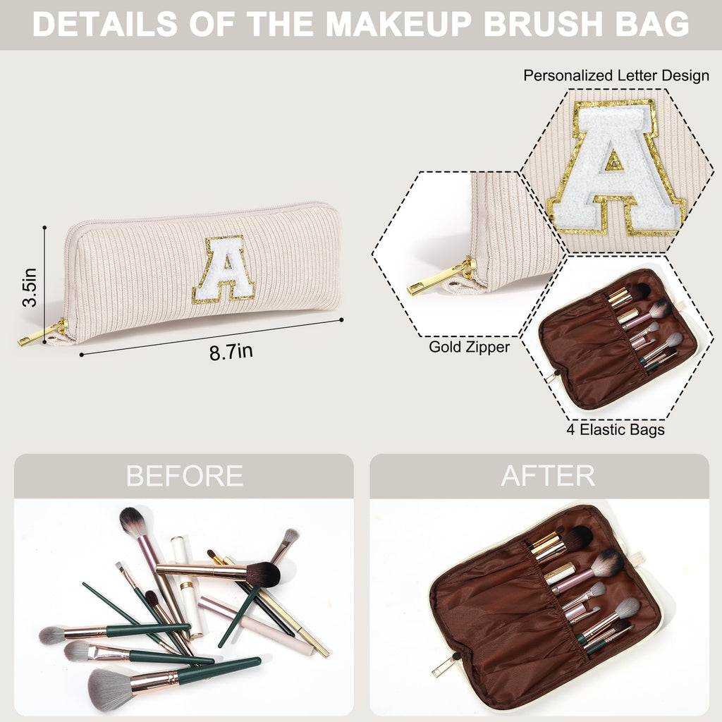 YOOLIFE Travel Makeup Bags for Women - Initial White Small Makeup Bag Makeup Pouch with Brush Pouch Makeup Bag Travel Must Haves